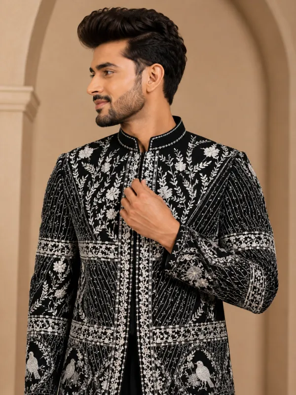 Men's Noir Ivory Artisan Embroidered Indo-Western Bandhgala Set with Trousers | Premium Wedding, Reception & Festive Wear