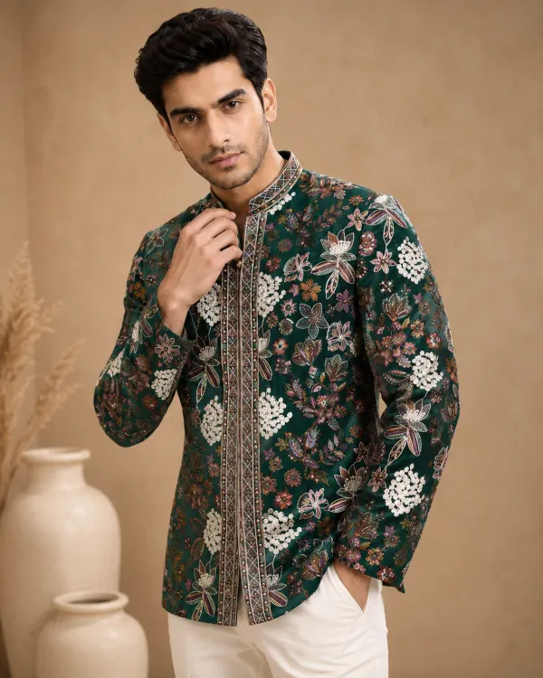 Men's Emerald Botanica Printed Bandhgala Set with White Trousers | Premium Wedding, Mehendi & Festive Wear