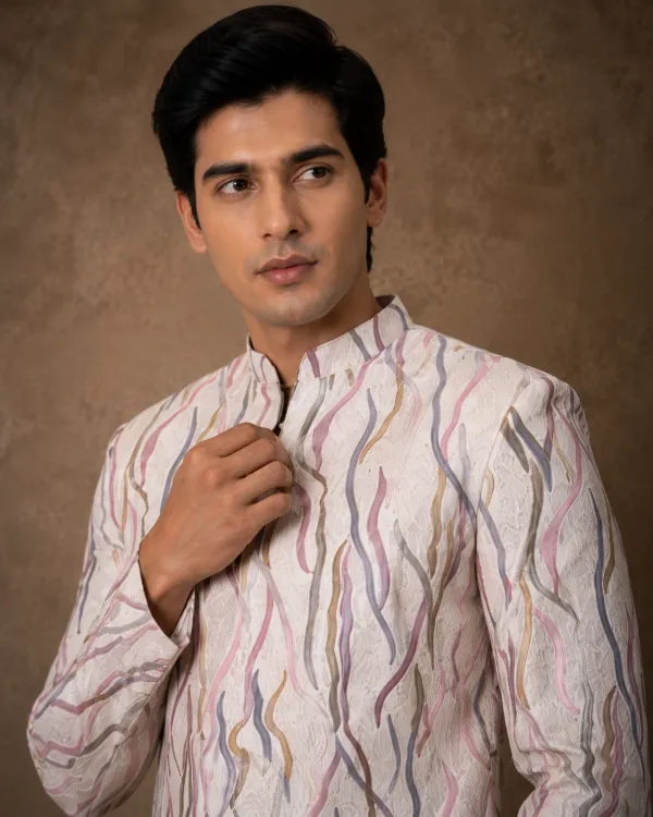 Men's Ivory Prism Printed Bandhgala Set with White Trousers | Premium Festive, Mehendi & Day Wedding Wear