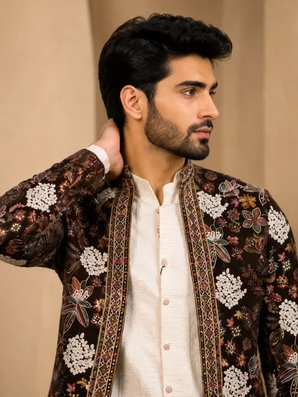 Men's Ivory Noir Heritage Indo-Western Jacket Set with Kurta & Trousers | Premium Wedding, Reception & Festive Wear