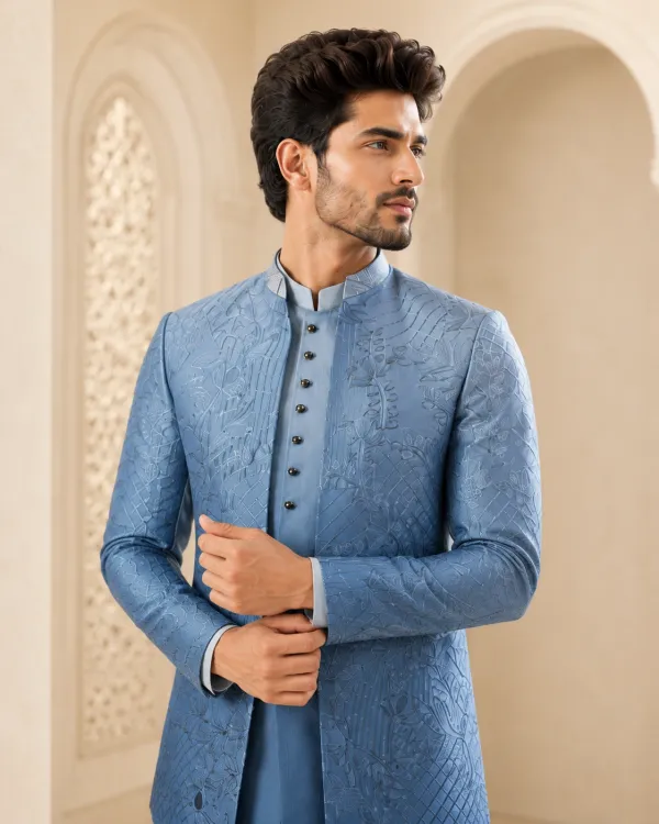 Dusty Blue Jacquard Indo-Western Set for Men | Premium Wedding Wear