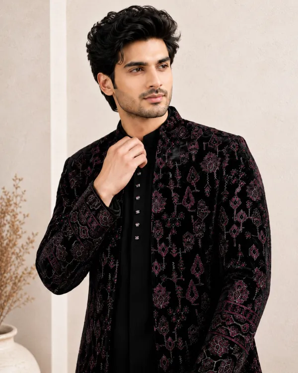 Black & Wine Embroidered Indo-Western Set for Men | Premium Wedding Wear