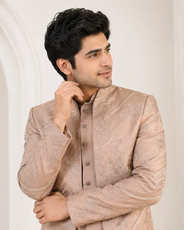 Beige Embroidered Indo-Western Set for Men | Designer Wedding Wear