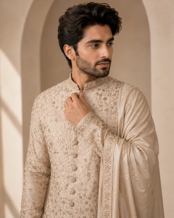 Ivory Embroidered Men's Wedding Sherwani | Premium Groom Wear