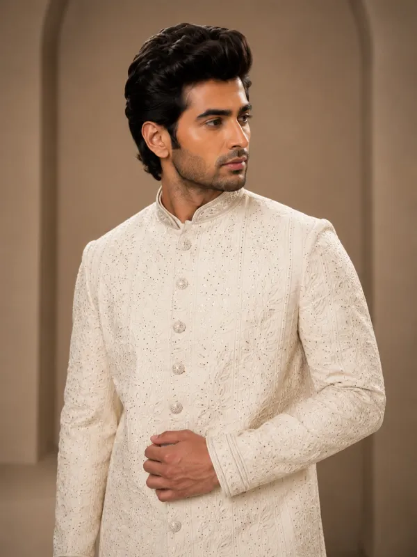 Off-White Embroidered Men's Wedding Sherwani | Premium Groom Wear