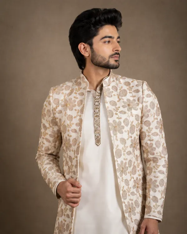 Cream Embroidered Indo-Western Jacket Set for Men | Wedding & Festive Wear