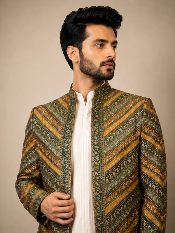 Multicolor Embroidered Indo-Western Jacket Set for Men | Wedding & Festive Wear