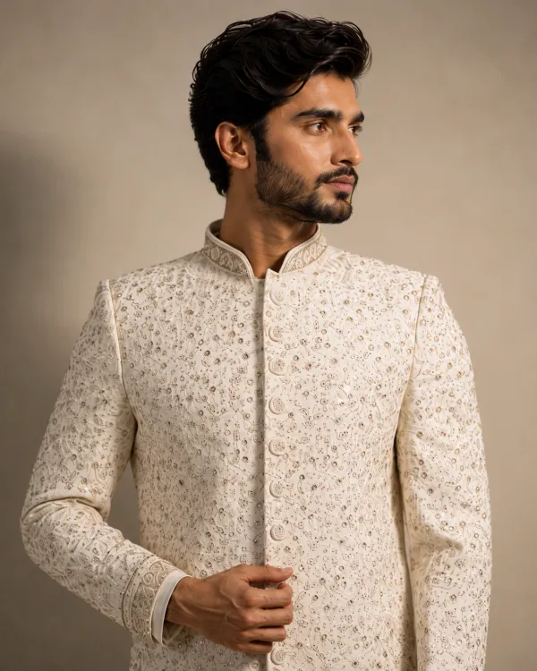 Ivory Embroidered Men's Wedding Sherwani | Premium Groom Wear