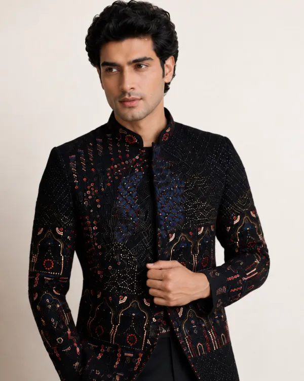 Black Multicolor Embroidered Bandhgala Suit for Men | Premium Wedding & Reception Wear