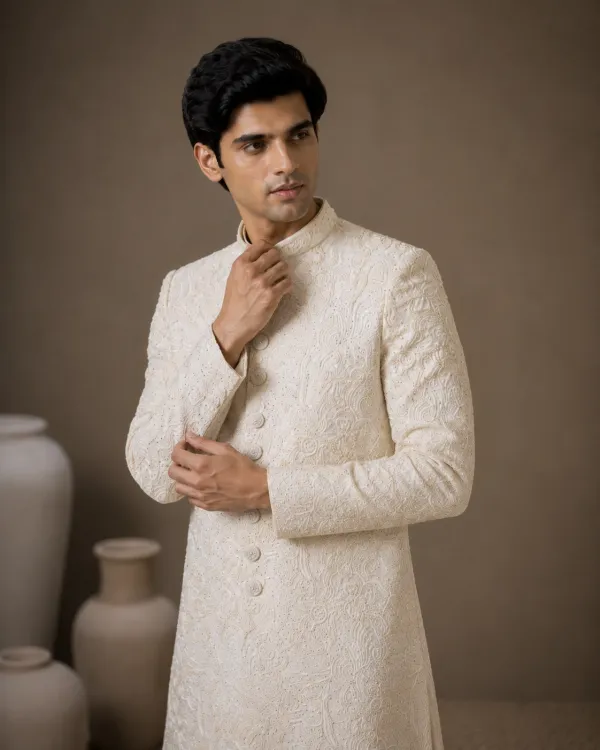 Cream Embroidered Men's Wedding Sherwani | Premium Groom Wear