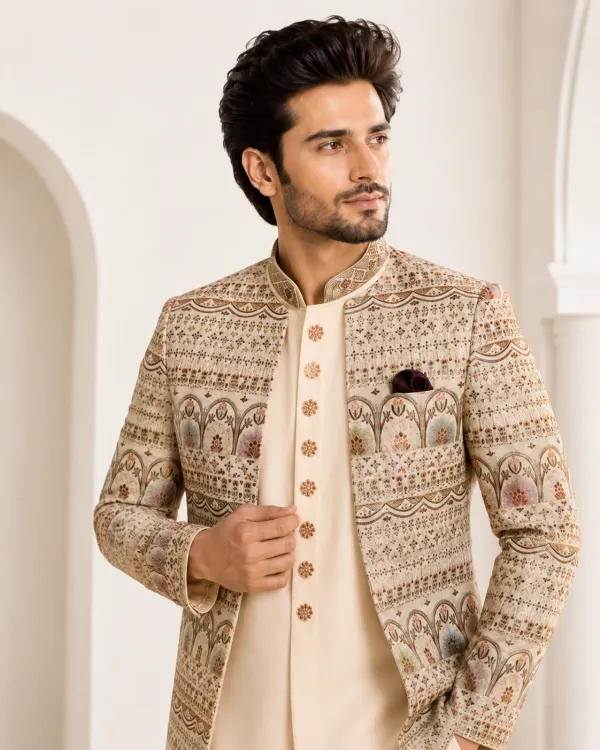 Beige Embroidered Men's Wedding Sherwani | Groom & Reception Wear
