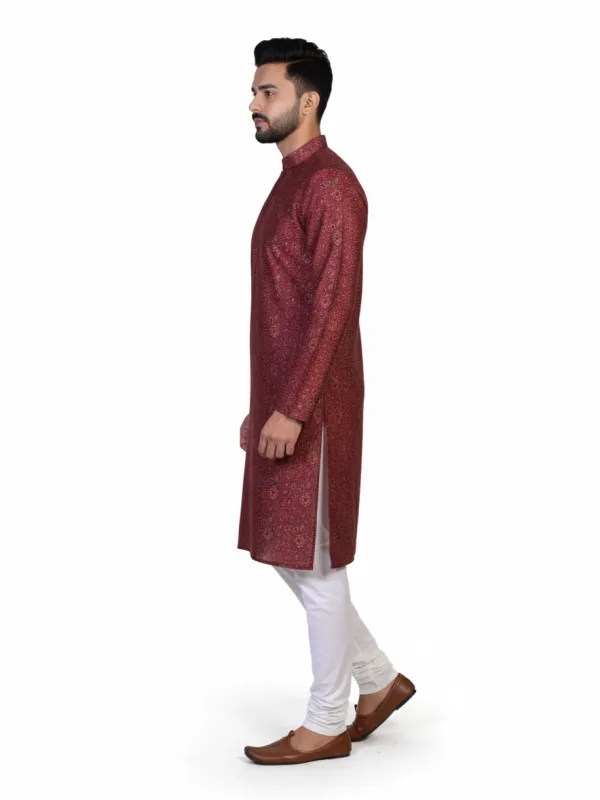 Maroon Cotton Blend Floral Printed Men's Kurta | Wedding & Festive Wear