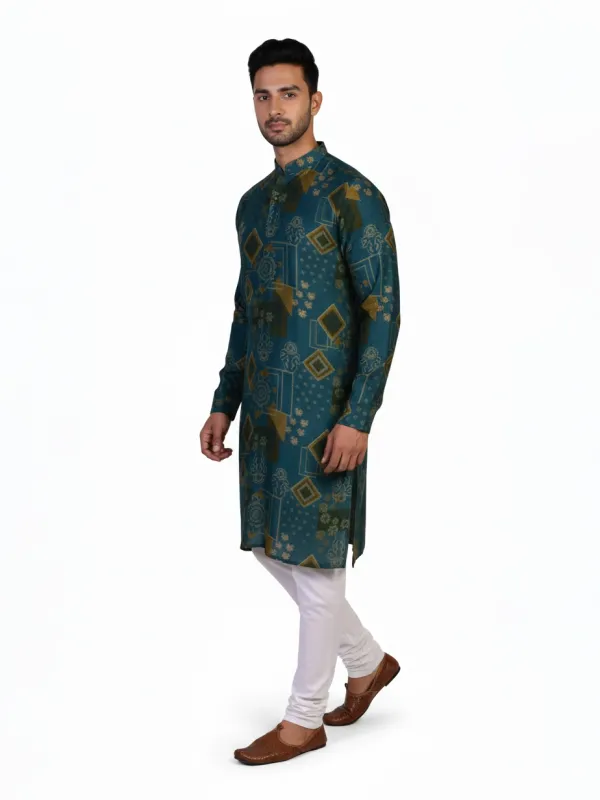 Teal Silk Blend Geometric Printed Men's Kurta | Wedding & Festive Wear