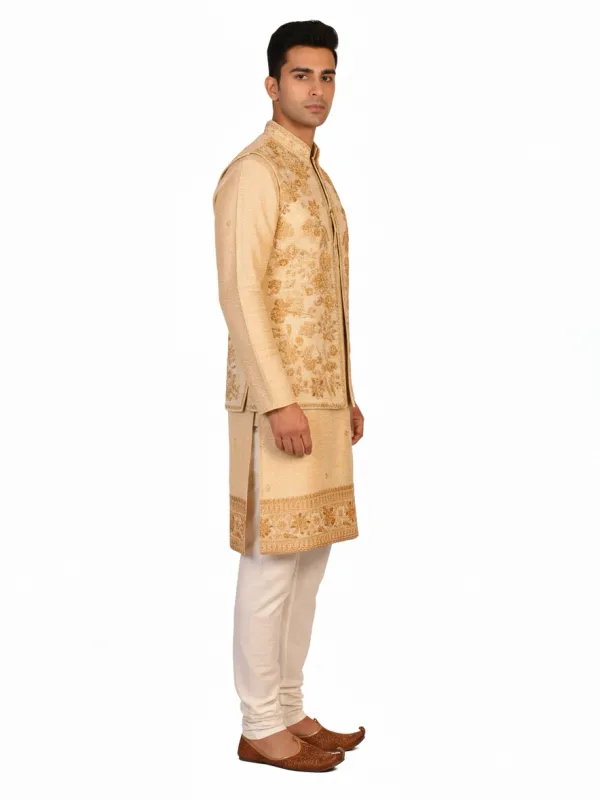 Light Golden Cotton Blend Embroidered Men's Kurta | Wedding & Festive Wear