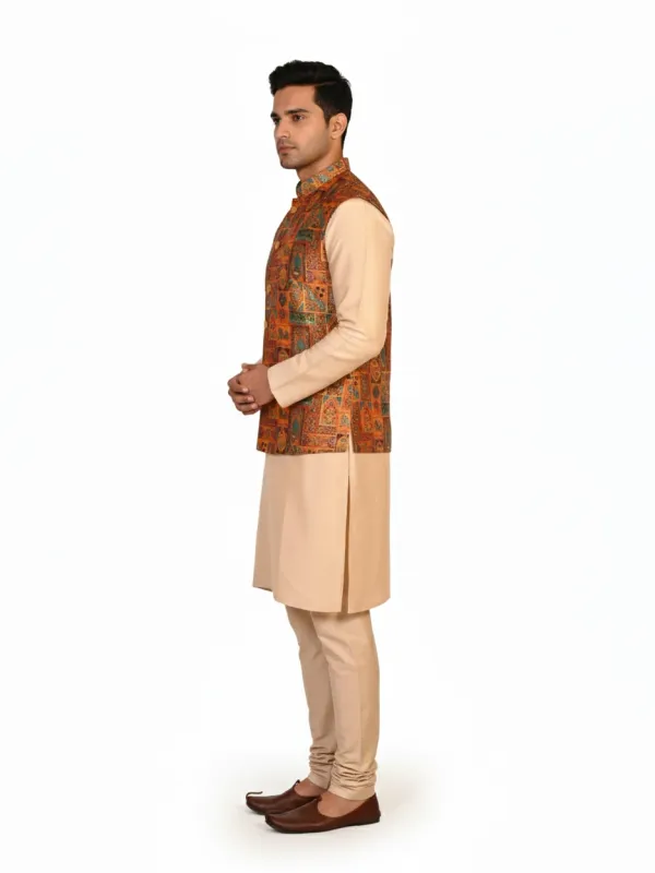 White Hanger Orange Silk Embroidered Nehru Jacket Kurta Set for Men | Wedding Wear