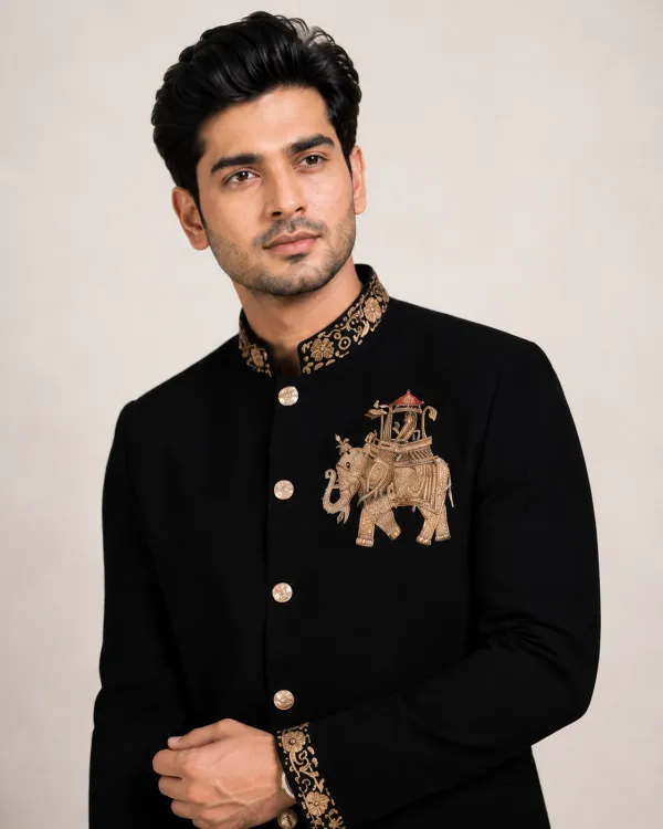 Black Elephant Embroidered Bandhgala Suit for Men | Premium Wedding & Reception Wear