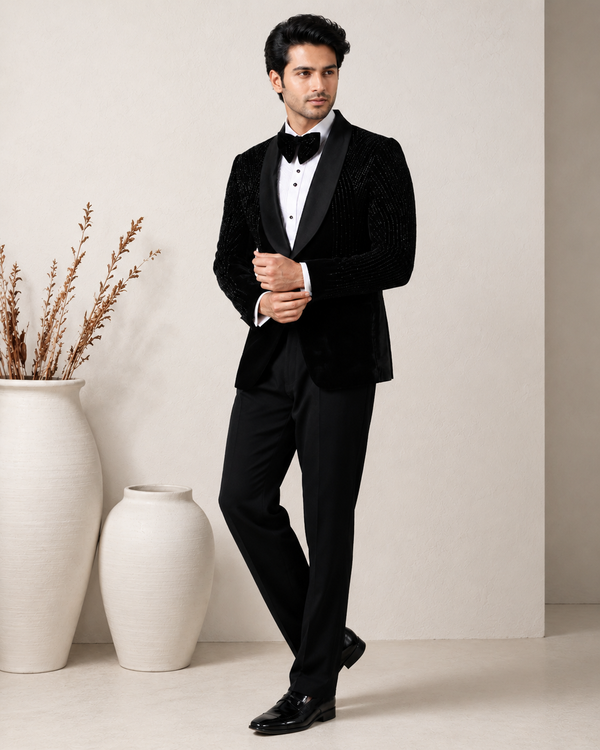 Men's Midnight Eclipse Black Velvet Tuxedo with Satin Shawl Lapel | Premium Wedding, Reception & Black-Tie Wear