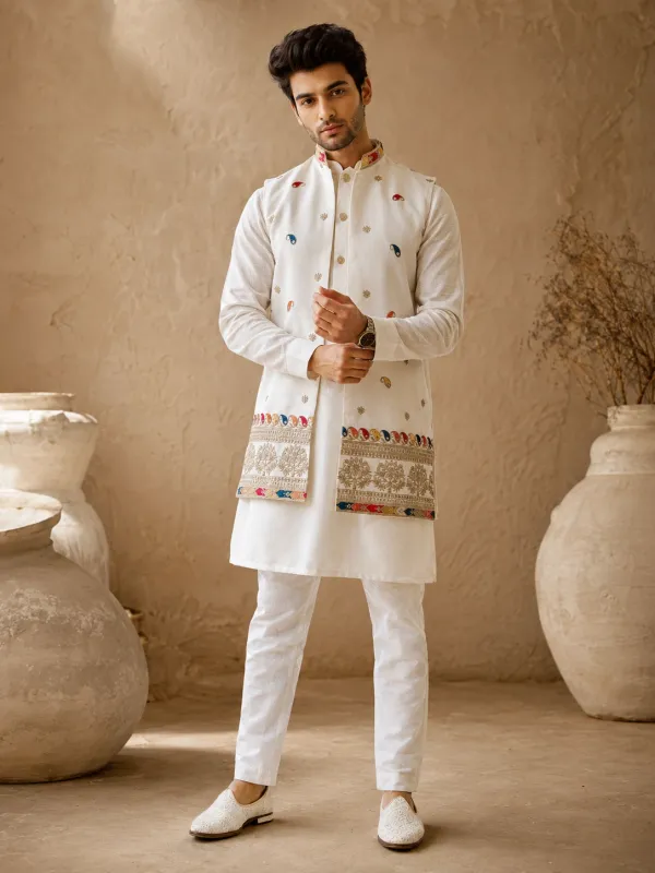 Off-White Kurta Nehru Jacket Set with Multi-Color Motif & Border Embroidery