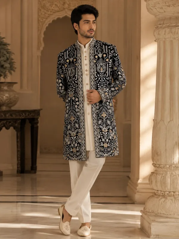 Midnight Blue Heavily Embroidered Velvet Indo-Western Sherwani Set