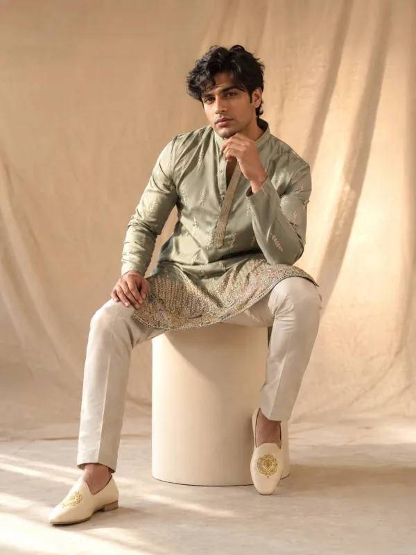 Sage Green Botanical Embroidered Kurta Set