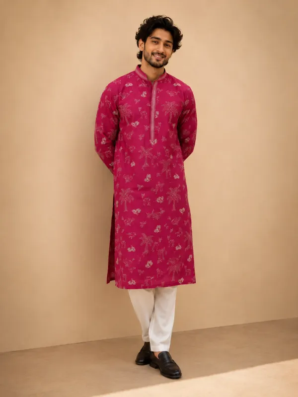 Rani Pink Tropical Motif Printed Kurta Set