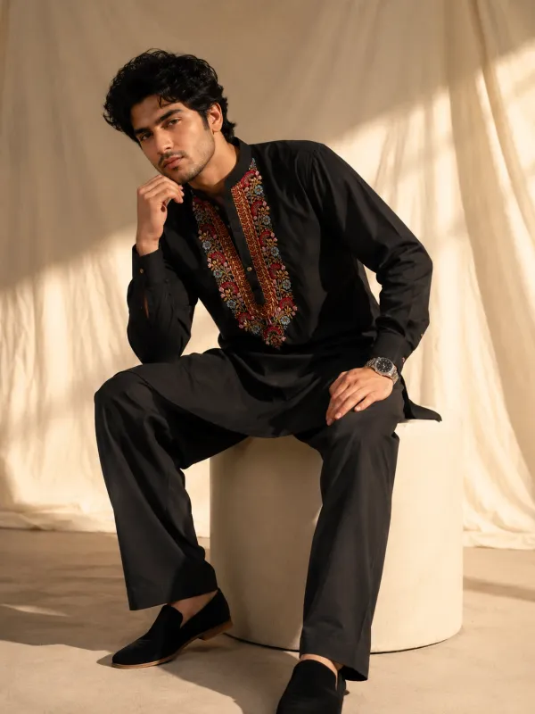 Onyx Black Yoke Embroidered Kurta Pathani Set