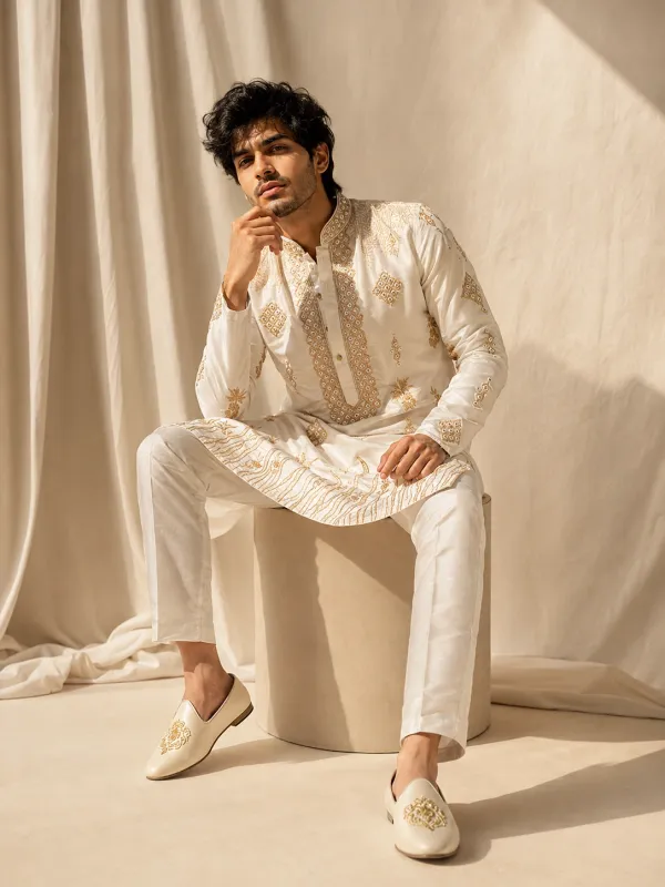 Pearl White Gold Embroidered Silk Kurta Set