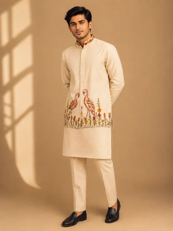 Ivory Embroidered Peacock Kurta Pajama Set