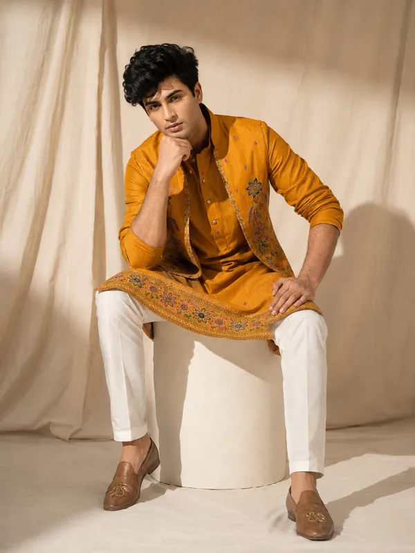 Mustard Yellow Printed/Embroidered Kurta Set with Open Nehru Jacket
