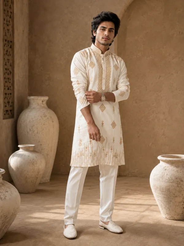 Men’s Ivory Gold Buti Embroidered Kurta Pajama Set