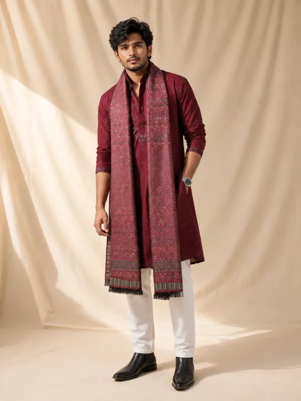 Wine / Maroon Printed Kurta Set with Intricate Jacquard Stole