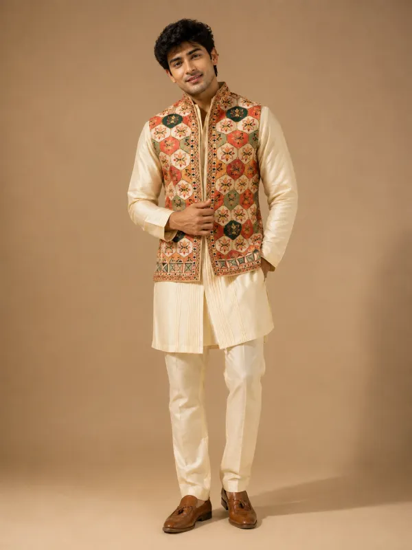 Cream Silk Pintuck Kurta Set with Geometric Printed Nehru Jacket