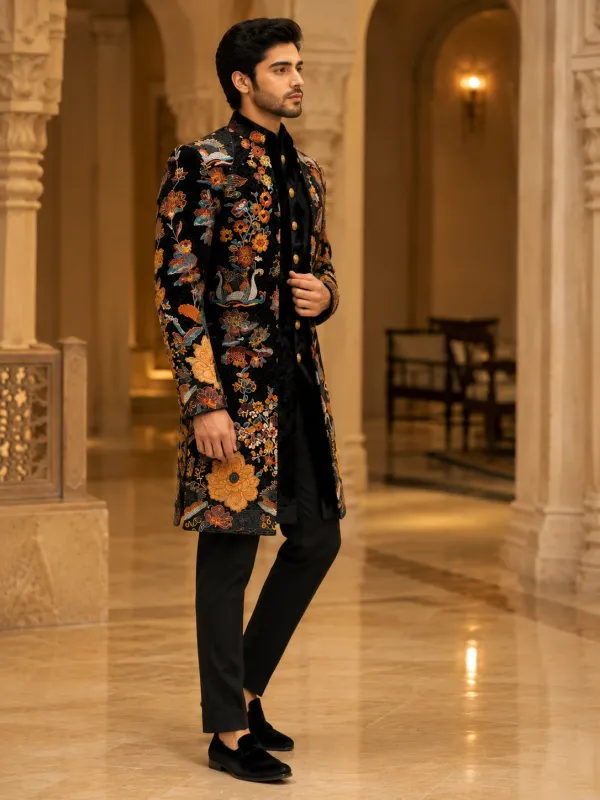 Midnight Black Velvet Floral & Swan Embroidered Sherwani