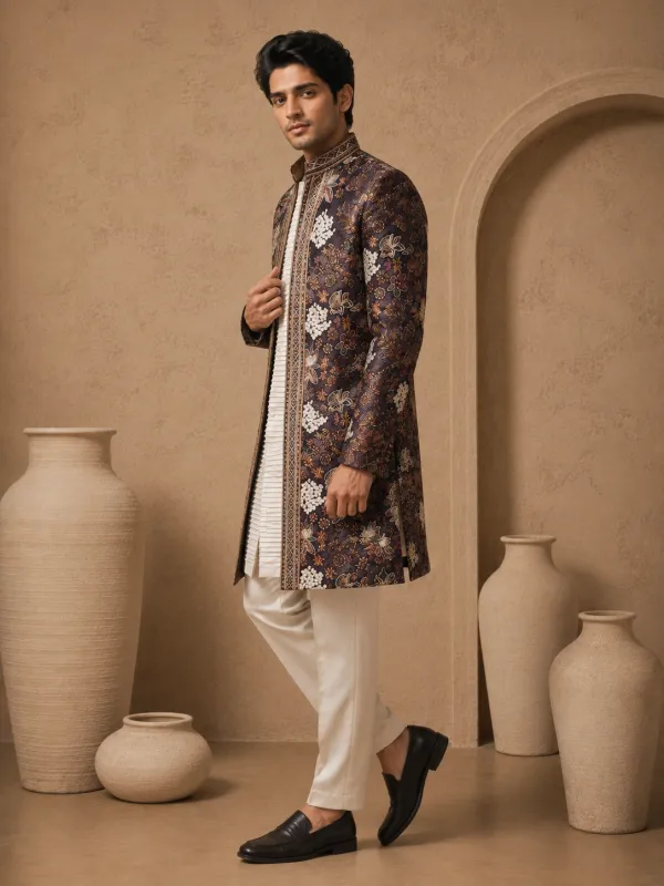 Deep Navy Floral Brocade Indo-Western Sherwani Set