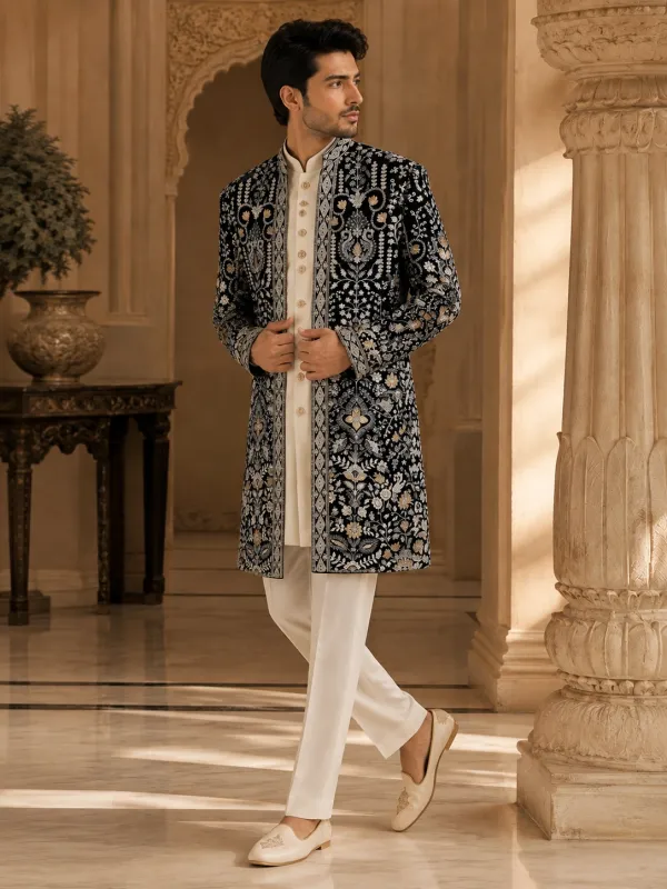 Midnight Blue Heavily Embroidered Velvet Indo-Western Sherwani Set