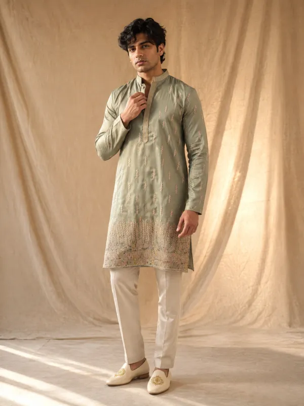 Sage Green Botanical Embroidered Kurta Set