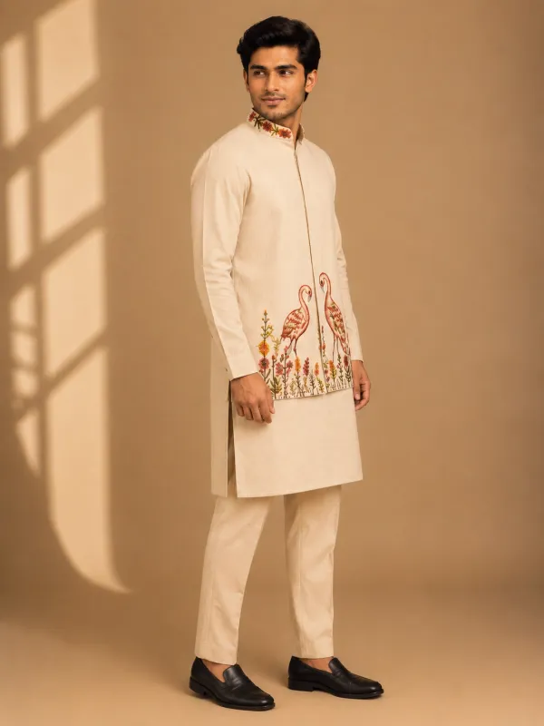 Ivory Embroidered Peacock Kurta Pajama Set