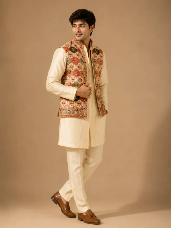 Cream Silk Pintuck Kurta Set with Geometric Printed Nehru Jacket