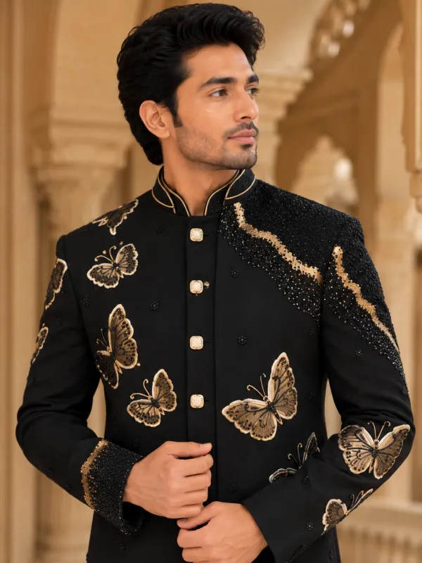 Jet Black Butterfly Embroidered Indo-Western Sherwani Set