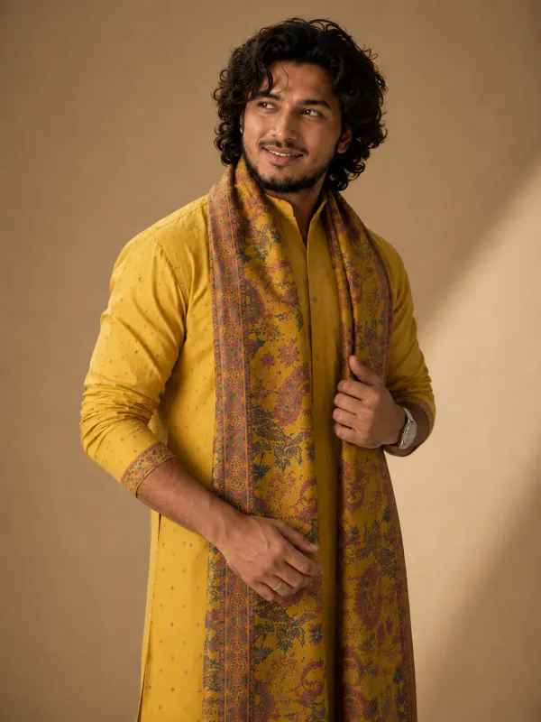 Kurta Mustard Yellow Printed Kurta Pyjama Set with Paisley Motif Stole/Dupatta
