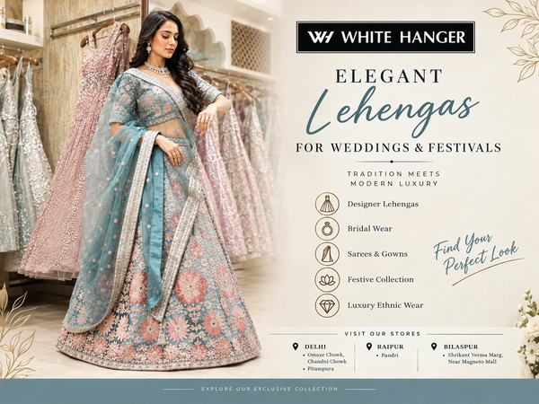 Discover Elegant Designer Lehengas for Weddings and Festive Celebrations at White Hanger