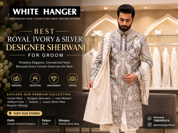 Best Royal Ivory & Silver Designer Sherwani for Groom | White Hanger