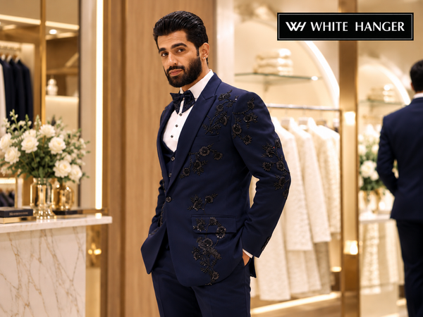 Navy Blue Embroidered Tuxedo for Men: Elevate Your Wedding Style with White Hanger