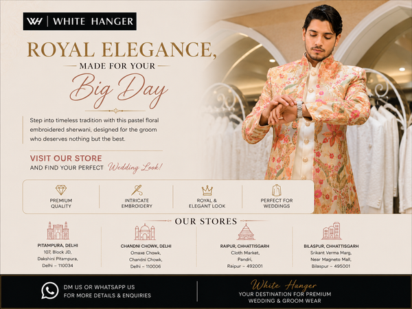 Pastel Floral Sherwani for Groom: Discover Royal Wedding Elegance at White Hanger