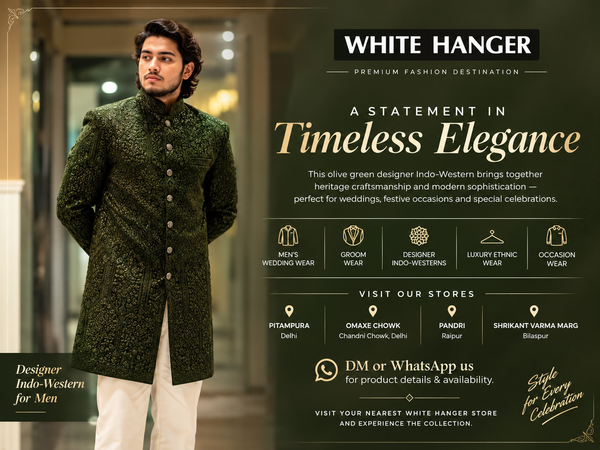 Olive Green Designer Indo-Western for Men: Timeless Wedding Elegance at White Hanger
