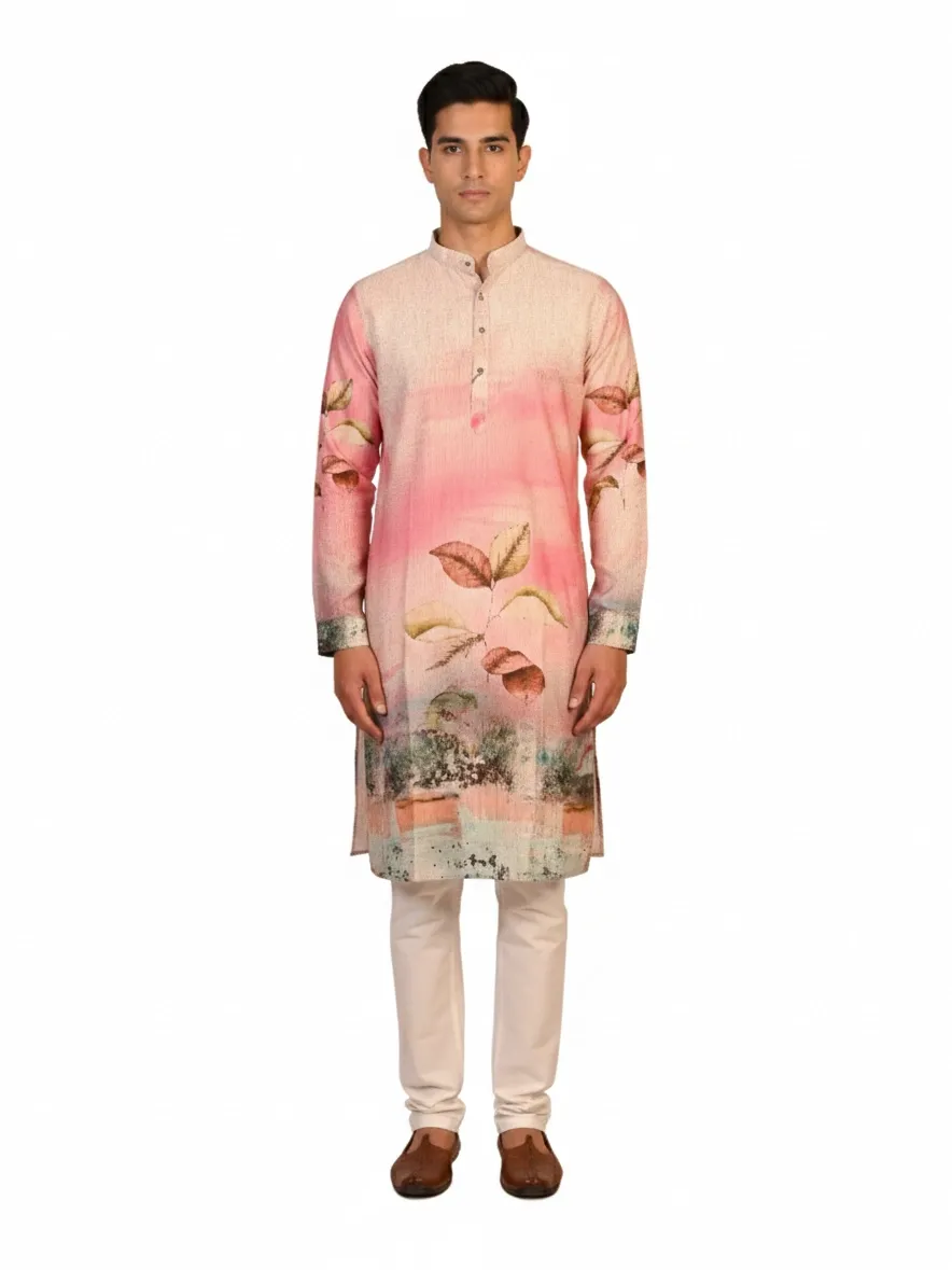 Black Raw Silk Floral Printed Men's Kurta | Wedding & Festive Wear