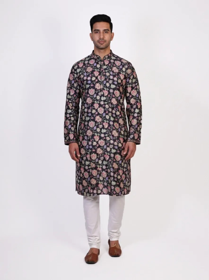 Black Raw Silk Floral Printed Men's Kurta | Wedding & Festive Wear