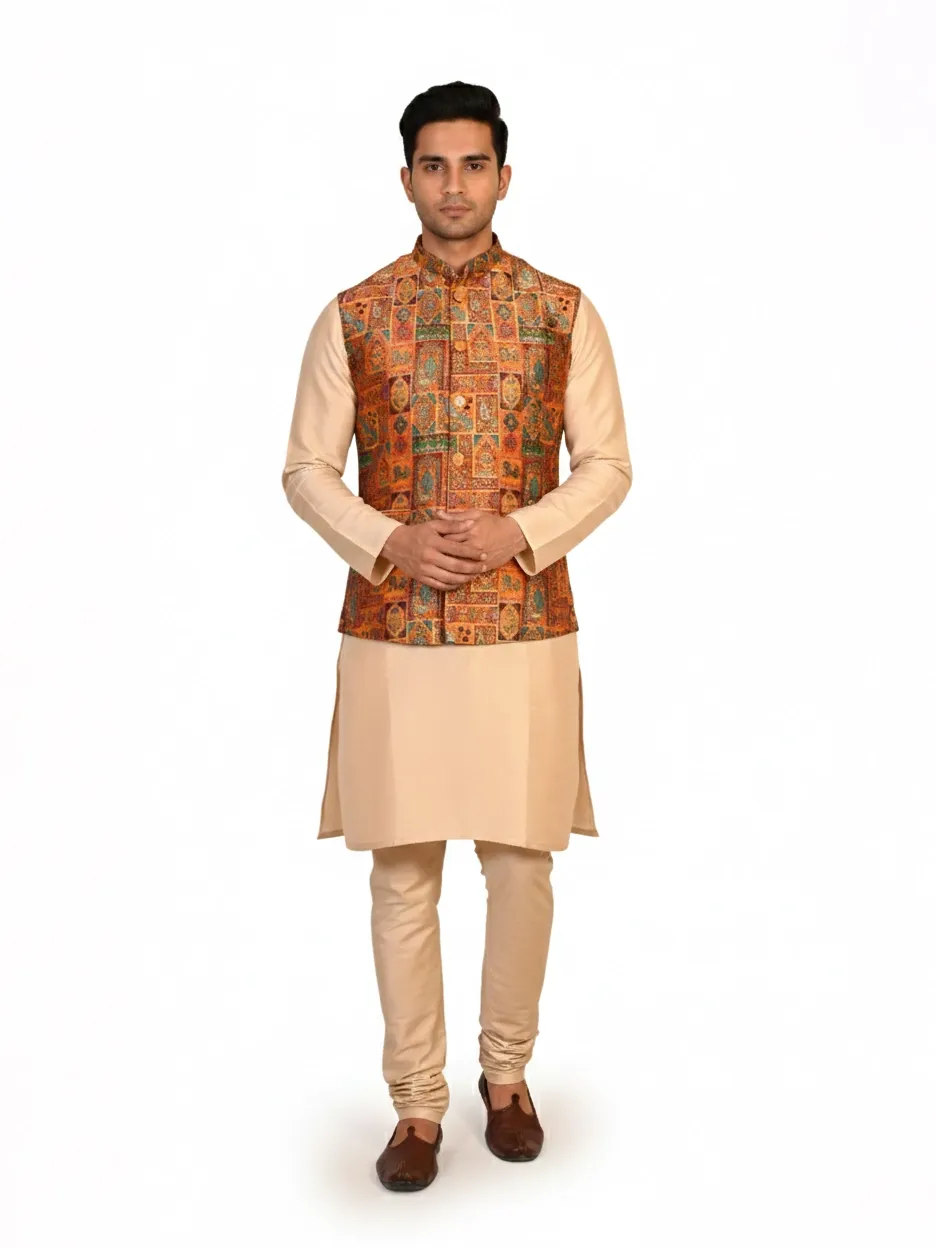 White Hanger Orange Silk Embroidered Nehru Jacket Kurta Set for Men | Wedding Wear