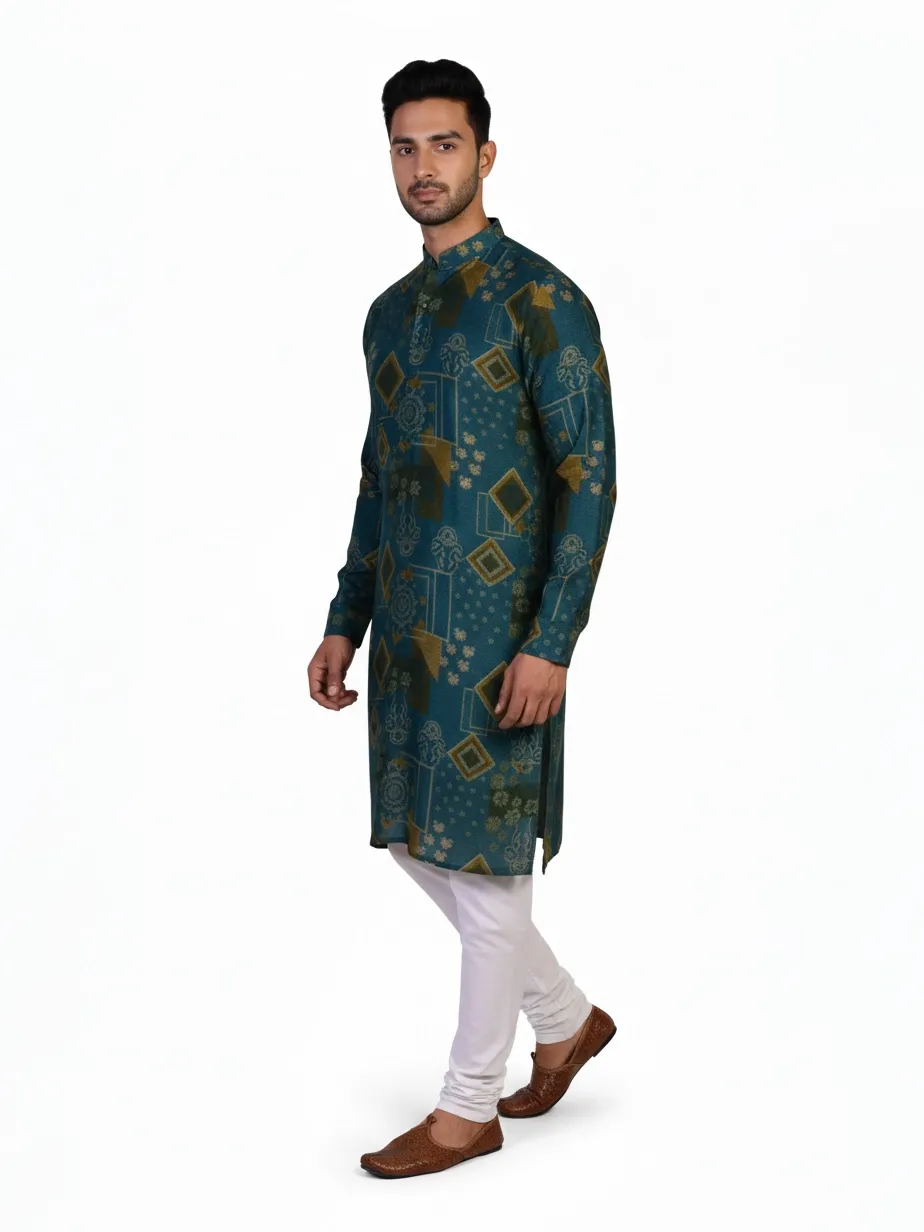 Teal Silk Blend Geometric Printed Men's Kurta | Wedding & Festive Wear
