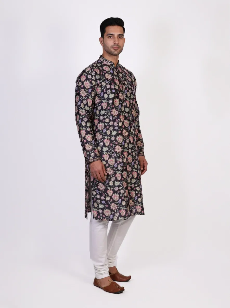 Black Raw Silk Floral Printed Men's Kurta | Wedding & Festive Wear